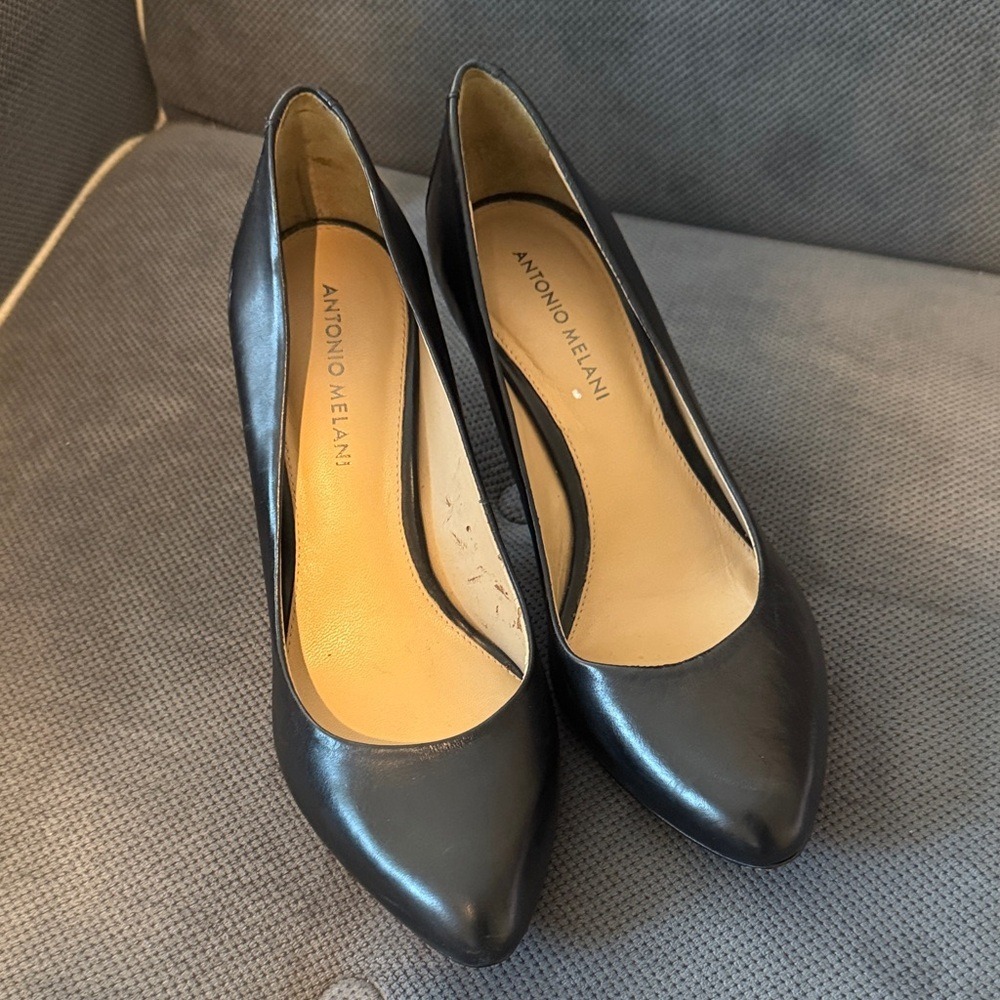 Antonio Melani Black Leather Pointed Toe Stiletto Pumps Heels Size 9M